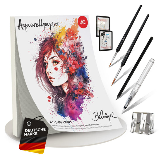 Belmique Aquarellpapier A5 Set mit 40 Seiten I Aquarell Block mit rauer & glatter Oberfläche 300 g/m² – inkl. Pinsel, Brushpen, Bleistift, Videokurs & Zubehör
