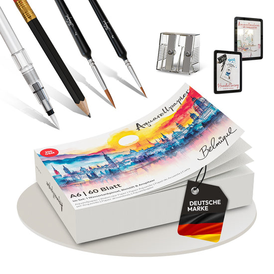 Belmique Aquarellpapier Set – rau & glatt – 300 g/m² – inkl. Videokurs & Zubehör