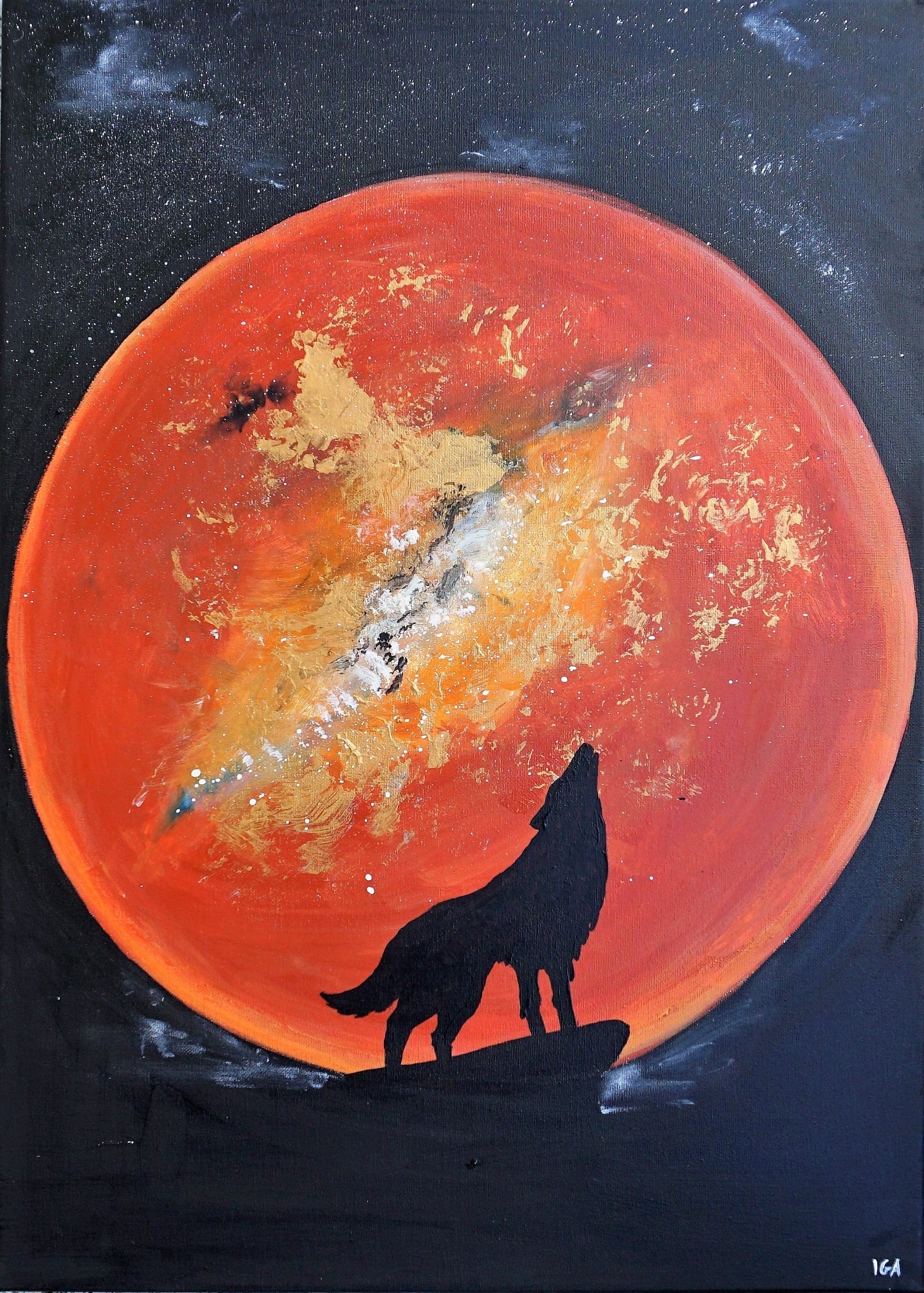 handgemaltes wandbild - acrylbild wolf nacht 70x50x2cm – belmique